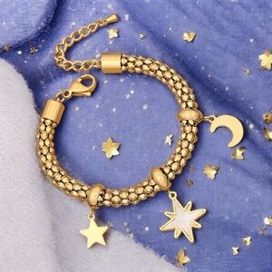 🆕️18K Gold Plated Charm Bracelet with Moon & Star Celestial Pendants 🌙✨